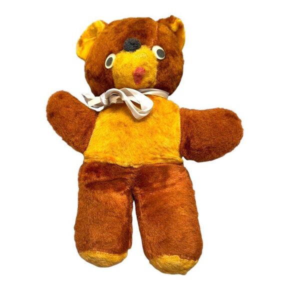 Vintage Unbranded Mohair Antique Brown & Yellow Plush Stuffed Bear Toy w/ Ribbon - Picture 3 of 7